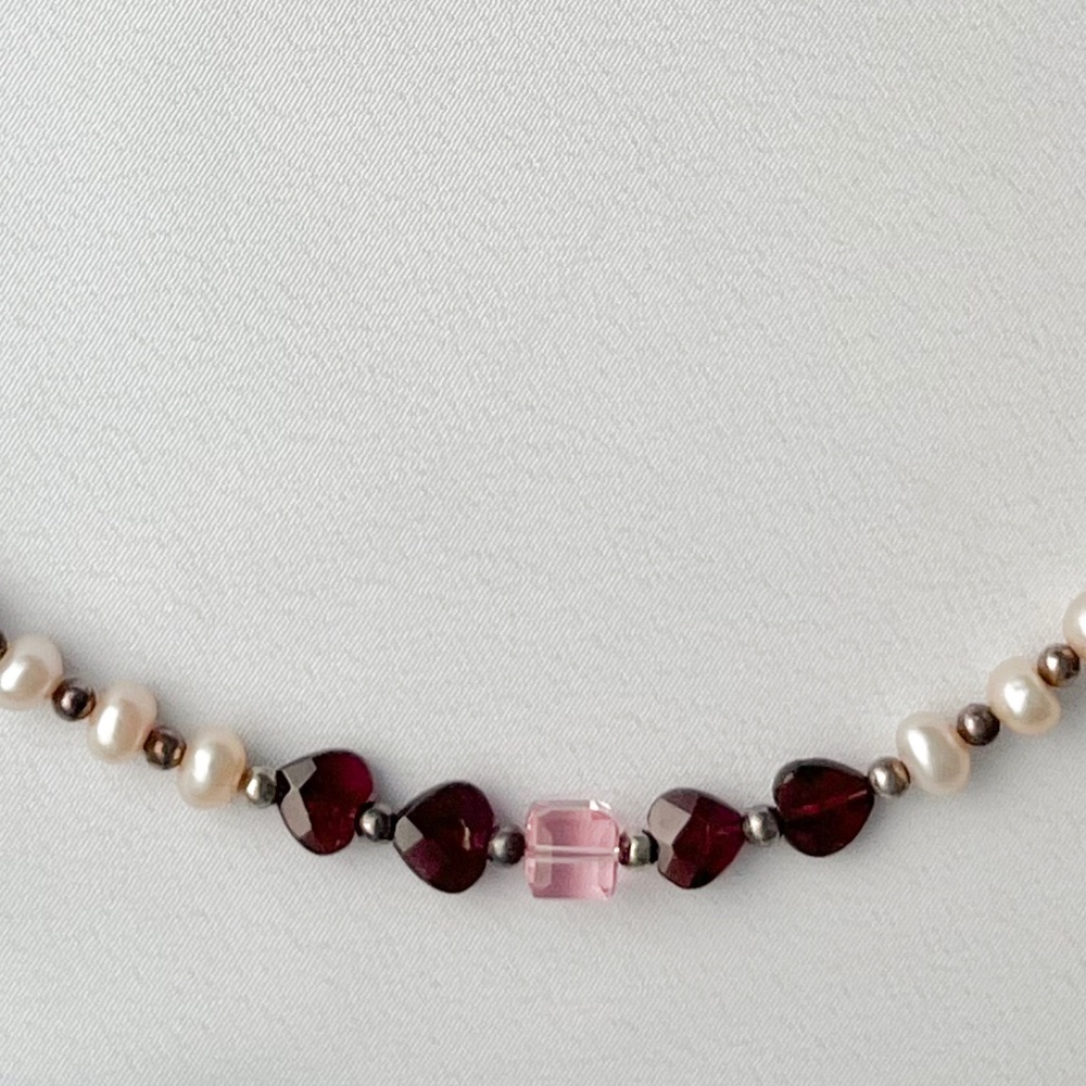 Freshwater pearl, sterling, garnet hearts and swarovski crystal necklace